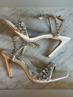 Badgley Mischka White Satin Crystal-Embellished High Heel Sandals